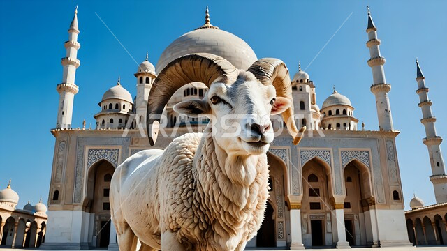 أضحية وقربان عيد الأضحى المبارك، حيوان الماعز يقف في الساحة الخارجية لمسجد اسلامي عريق، الفن الهندسي المعماري على الطراز العربي لمساجد المملكة العربية السعودية، التصميم المتميز للقبب والمآذن، الاهتمام برعاية وتربية الخراف
