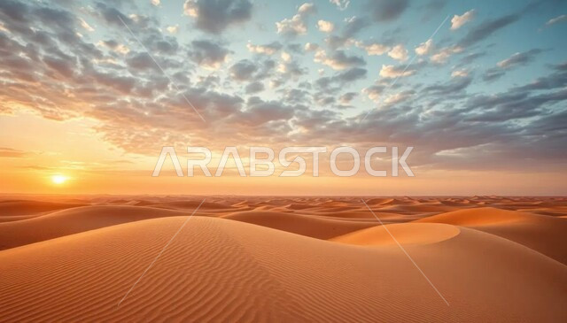 الهضاب و التلال من الرمال الناعمة، التكوينات والتشكلات الرملية في صحراء المملكة العربية السعودية، مناطق البادية والبيئة الطبيعية الصحراوية، منظر السماء المليئة بالغيوم عند غروب الشمس، خلفية الطبيعة