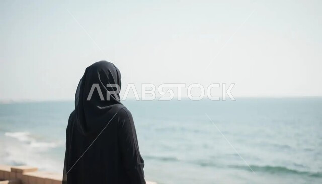 Feeling depressed and lonely, needing to meditate and relax in front of the sea during the day, enjoying free time in coastal tourist areas, a picture from behind of a veiled Saudi Arabian Gulf woman standing in front of the sea