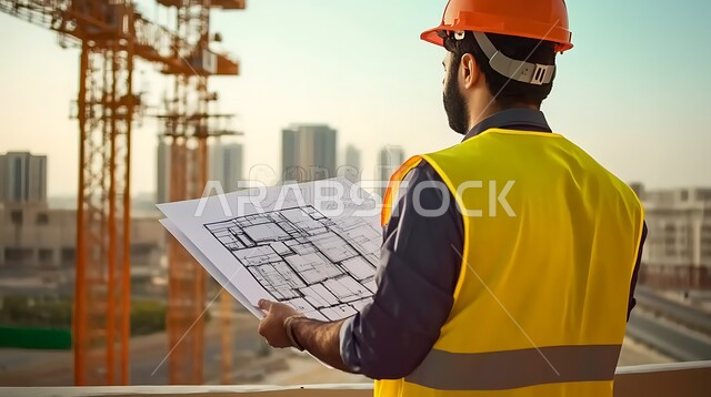 The concept of structural engineering, follow-up and supervision of the progress of work, engineering professions and jobs in Saudi Arabia, work in the engineering sector, construction with the help of the sons of the homeland, a close-up image from the back of a Saudi Arabian Gulf engineer wearing a protective jacket and helmet holding construction plans in his hand
