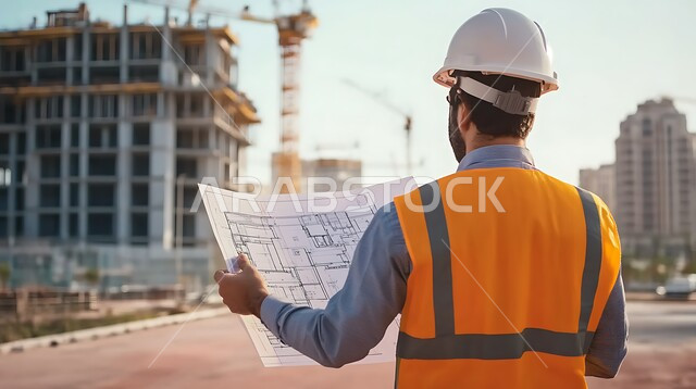 المتابعة والإشراف على سير الأعمال, مهن ووظائف هندسية في السعودية, العمل في القطاع الهندسي, الإعمار بسواد أبناء الوطن, مفهوم الهندسة الإنشائية, صورة مقربة من الخلف لمهندس عربي خليجي سعودي يرتدي سترة وخوذة الحماية يمسك بيده مخططات البناء
