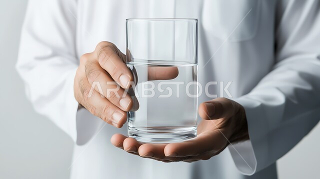 المحافظة على سلامة الجهاز المناعي للجسم، المداومة على شرب المياه، الشعور بالعطش والجفاف, تجنب الإصابة بحصى الكلى, بورتريه مقرب لرجل عربي خليجي سعودي يرتدي الثوب التقليدي يحمل بيده كأس من الماء، خلفية رمادية