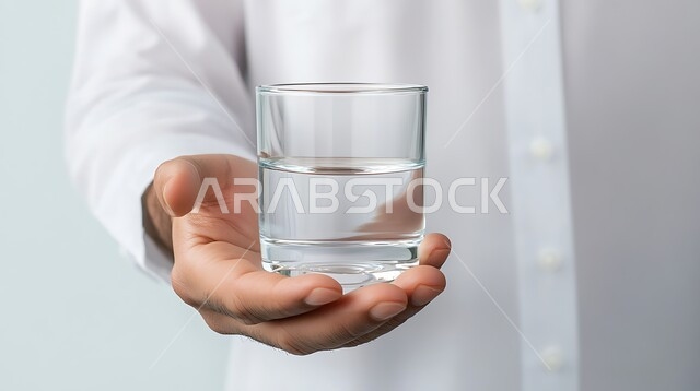 Maintaining the health of the body's immune system, drinking water regularly, feeling thirsty and dehydrated, avoiding kidney stones, close-up portrait of a Saudi Arabian Gulf man wearing a traditional thobe holding a glass of water in his hand, gray background