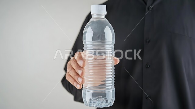 Avoid kidney stones, Feel thirsty and dehydrated, Drink water regularly, Maintain a healthy immune system, Close-up portrait of a Saudi Arabian Gulf man wearing traditional thobe holding a plastic water bottle, gray background