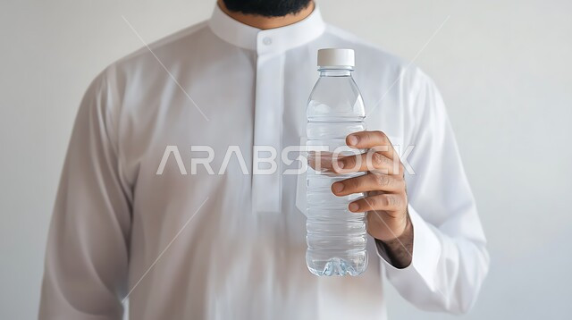 الشعور بالعطش والجفاف, تجنب الإصابة بحصى الكلى, المداومة على شرب المياه, المحافظة على سلامة الجهاز المناعي للجسم, بورتريه مقرب لرجل عربي خليجي سعودي يرتدي الثوب التقليدي يحمل بيده عبوة ماء بلاستيكية، خلفية رمادية