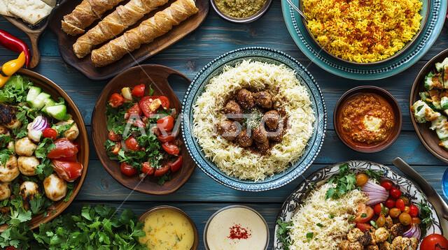 تشكيلة متنوعة من الأكل على المائدة, سفرة من الأطباق الشرقية الشعبية التقليدية, فن تقديم الطعام في مطاعم ومطابخ المملكة العربية السعودية, وجبة إفطار رمضانية غذائية صحية مغذية