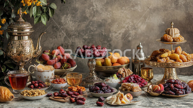 منتج محلي وطني, أنواع من الرطب الخليجي الفاخر, إفطار رمضاني مغذي شهي, فناجين الشاي مع أطباق من التمر السعودي الصحي والمكسرات, الضيافة الرمضانية التقليدية في المملكة العربية السعودية