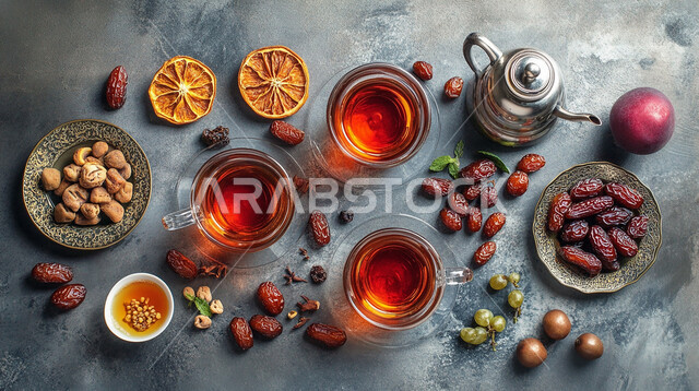 إفطار رمضاني مغذي شهي, فناجين الشاي مع أطباق من التمر السعودي الصحي والمكسرات, الضيافة الرمضانية التقليدية في المملكة العربية السعودية, منتج محلي وطني, أنواع من الرطب الخليجي الفاخر