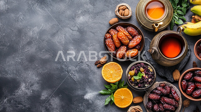 فناجين الشاي مع أطباق من التمر السعودي الصحي والمكسرات, الضيافة الرمضانية التقليدية في المملكة العربية السعودية, منتج محلي وطني, أنواع من الرطب الخليجي الفاخر, إفطار رمضاني مغذي شهي
