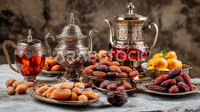 أنواع من الرطب الخليجي الفاخر, إفطار رمضاني مغذي شهي, أباريق الشاي مع أطباق من التمر السعودي الصحي, الضيافة الرمضانية التقليدية في المملكة العربية السعودية, منتج محلي وطني