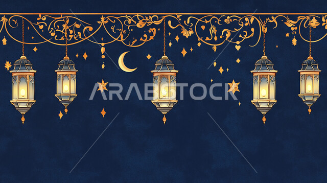 فوانيس معدنية مزخرفة مضيئة معلقة, مصابيح عربية تقليدية, الاجواء الرمضانية الروحانية، المناسبات الدينية الإسلامية, بطاقة تهنئة بقدوم رمضان المبارك, زينة وديكور واكسسوار الشهر الفضيل, خلفية زرقاء