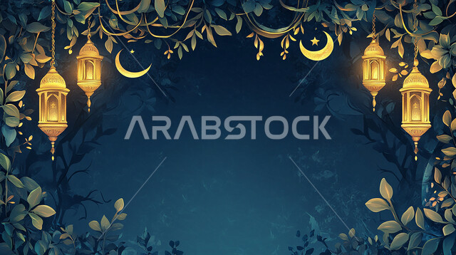 بطاقة تهنئة بقدوم رمضان المبارك, زينة وديكور واكسسوار الشهر الفضيل, فوانيس معدنية مزخرفة مضيئة معلقة, مصابيح عربية تقليدية, الاجواء الرمضانية الروحانية، المناسبات الدينية الإسلامية, خلفية زرقاء