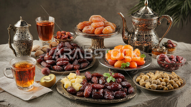 أنواع من الرطب الخليجي الفاخر, إفطار رمضاني مغذي شهي, فناجين من الشاي مع أطباق من التمر السعودي الصحي, الضيافة الرمضانية التقليدية في المملكة العربية السعودية, منتج محلي وطني