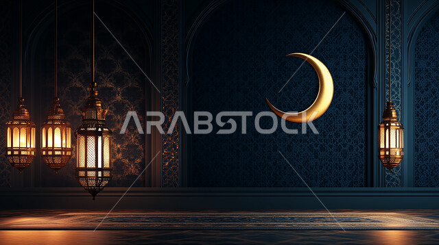 Ramadan decorations, accessories and ornaments, hanging illuminated decorative metal lanterns with crescent moon, traditional Arabic lamps, spiritual Ramadan atmosphere, Islamic religious occasions, greeting card for the arrival of Ramadan, blue background