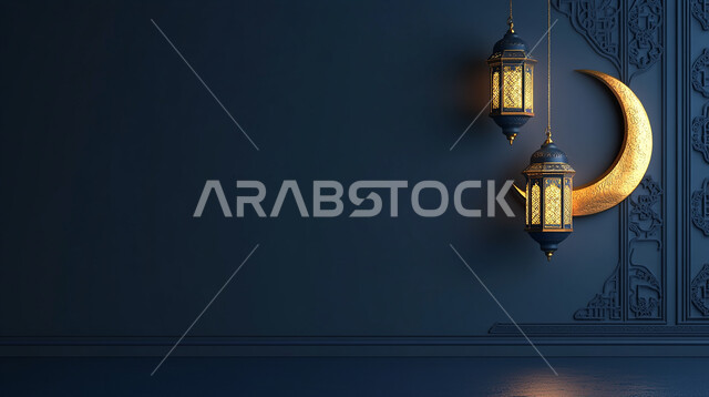بطاقة تهنئة بقدوم رمضان المبارك, زينة وديكور واكسسوار الشهر الفضيل, فوانيس معدنية مزخرفة مضيئة معلقة مع الهلال, مصابيح عربية تقليدية, الأجواء الرمضانية الروحانية, المناسبات الدينية الإسلامية, خلفية زرقاء