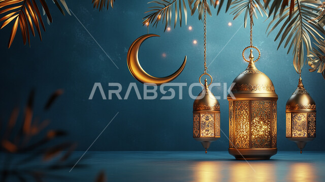 الأجواء الرمضانية الروحانية، المناسبات الدينية الإسلامية, بطاقة تهنئة بقدوم رمضان المبارك, زينة وديكور واكسسوار الشهر الفضيل, فوانيس معدنية مزخرفة مضيئة معلقة مع الهلال, مصابيح عربية تقليدية, خلفية زرقاء