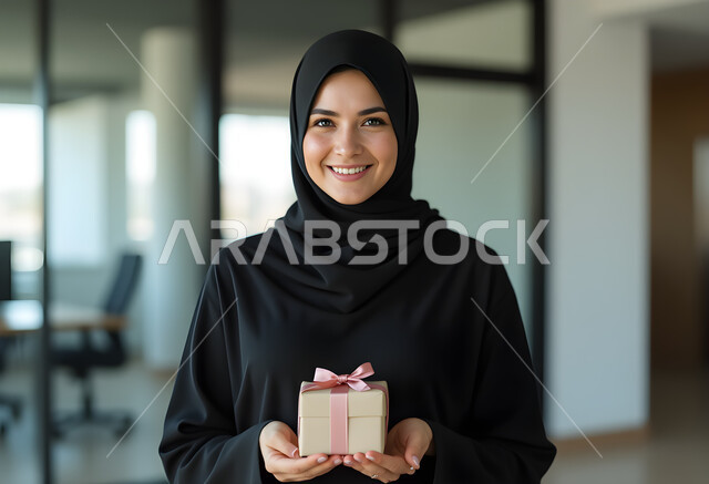التعبير عن المحبة والتقدير, تقديم الهدايا في المناسبات, الاحتفال بأعياد الميلاد, صورة مقربة لامرأة عربية خليجية سعودية مبتسمة محجبة ترتدي العباءة السوداء تمسك بيديها علبة هدية, النظر إلى الكاميرا بإيماءات السعادة والسرور