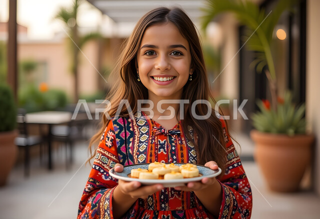 تقديم الحلويات الشرقية في الأعياد والمناسبات, كعك العيد الشهي المحشو بالتمر, صورة مقربة لفتاة عربية خليجية سعودية مبتسمة ترتدي زي شعبي تحمل بيديها طبق من المعمول, النظر إلى الكاميرا بإيماءات السعادة والسرور