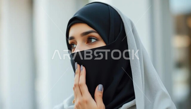 مفهوم الأنوثة والنعومة, أزياء محجبات عصرية وأنيقة, صورة مقربة لامرأة عربية خليجية سعودية ملثمة ترتدي الحجاب تنظر إلى شيء ما, الاهتمام بالأناقة والمظهر الخارجي