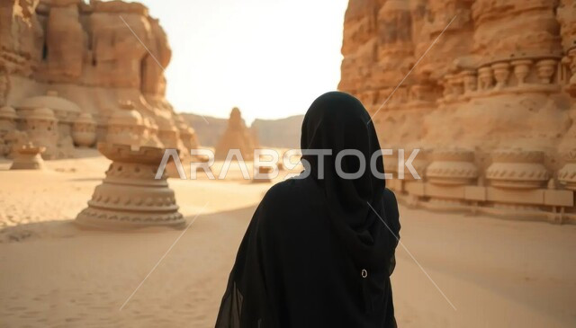 الرمال الذهبية الناعمة, التضاريس والتشكيلات الصخرية, رحلة سفاري ومغامرة برية في الصحراء, الاستمتاع بالمناظر الطبيعية في المناطق الصحراوية, صورة مقربة من الخلف لامرأة عربية خليجية سعودية محجبة ترتدي العباءة السوداء تقف في إحدى صحاري المملكة العربية السعودية