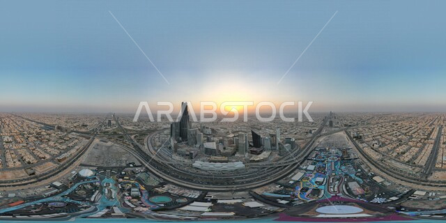 صوره بانوراميه لمدينة الملاهي وينترلاند في الرياض في المملكه العربيه السعوديه, موسم الرياض, اماكن سياحيه في المملكه العربيه السعوديه, منظر خلاب لشروق الشمس على ملاهي وينترلاند الجميله