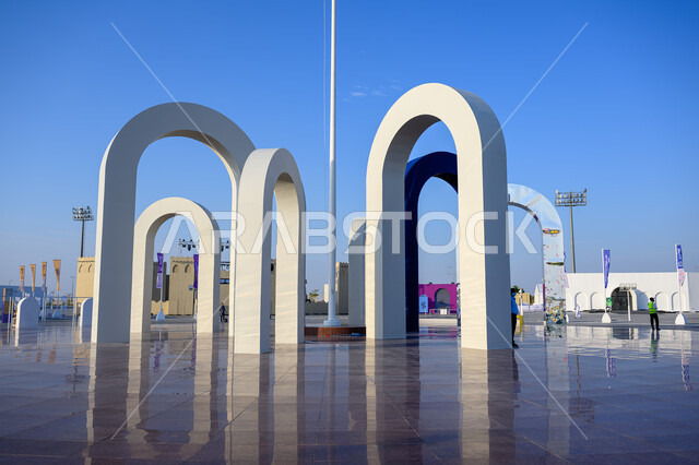 Darb Al Saai Umm Salal Mohammed area in Doha, the architectural art of the white arches, famous tourist places and landmarks in the State of Qatar, attracting and attracting tourists from all over the world