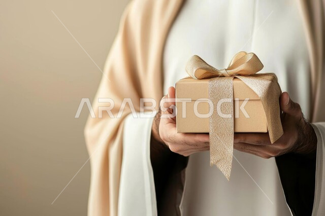 التعبير عن المحبة والتقدير, تقديم الهدايا في المناسبات السعيدة, الاحتفال بأعياد الميلاد, بورتريه مقرب لامرأة عربية خليجية سعودية ترتدي عباءة بيج تمسك بيديها علبة هدية, خلفية بيج