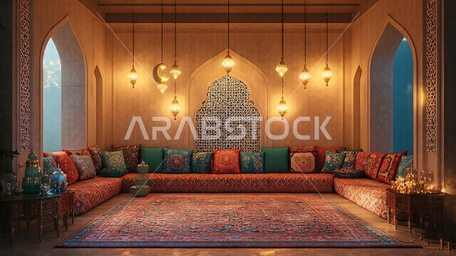 الديكور العصري الراقي الأنيق, زينة واكسسوار شهر رمضان, فوانيس معدنية مضيئة معلقة, التصميم الداخلي لغرف الجلوس على الطراز الحديث, غرفة معيشة مع أثاث منزلي فاخر, الفلل والشقق السكنية في المملكة العربية السعودية