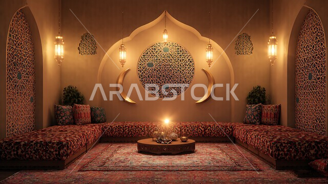 Villas and apartments in Saudi Arabia, modern elegant decor, Ramadan decorations and accessories, hanging illuminated metal lanterns, modern living room interior design, living room with luxury home furniture