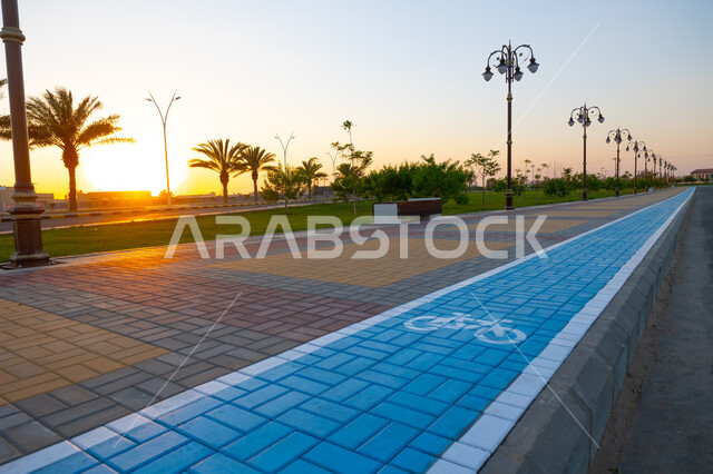 Paving roads and marking paths in an organized manner, a close-up of a bicycle path in Jeddah, organizing traffic and movement, urban growth and development in the Kingdom of Saudi Arabia, urban progress in the street