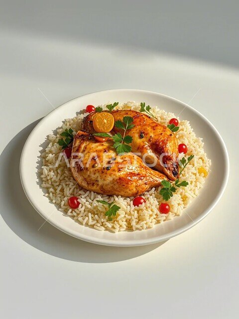 طبق من الأرز مع قطع الدجاج المشوية, فن تقديم الطعام في مطاعم ومطابخ المملكة العربية السعودية, الأكل العربي الشرقي اللذيذ, وصفة المندي التقليدية الشهية, وجبة غذائية صحية مغذية