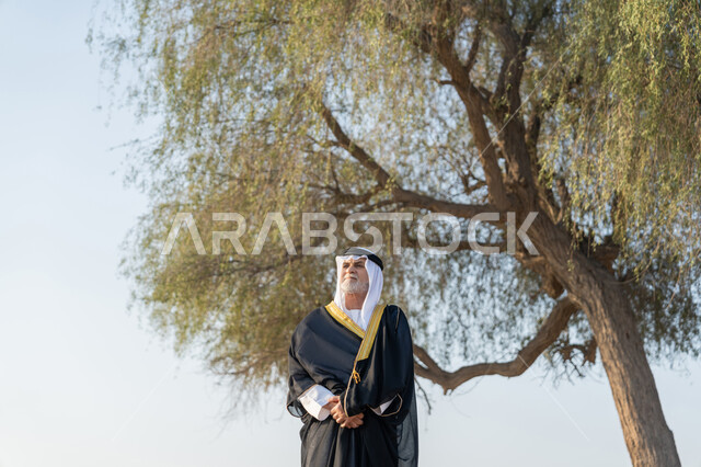 حب الوطن والاعتزاز به، ذكرى تأسيس الاتحاد 2 ديسمبر، استذكار اليوم الوطني الاماراتي 1971، رجل عربي خليجي إماراتي يرتدي الكندورة والبشت مع الغترة البيضاء يقف امام شجرة خضراء كبيرة في النهار، التجول في المناطق الطبيعية في الامارات العربية المتحدة، خلفية الطبيعة