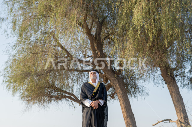 حب الوطن والاعتزاز به، ذكرى تأسيس الاتحاد 2 ديسمبر، استذكار اليوم الوطني الاماراتي 1971، رجل عربي خليجي إماراتي يرتدي الكندورة والبشت مع الغترة البيضاء يقف امام شجرة خضراء كبيرة في النهار، التجول في المناطق الطبيعية في الامارات العربية المتحدة، خلفية الطبيعة