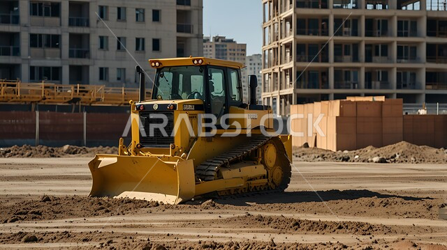  مفهوم الهندسة والبناء والتطوير، مهن ووظائف هندسية في السعودية، التطور والتحديث وإعادة الإعمار للمنشآت والمباني في المملكة العربية السعودية باستخدام آلات ومعدات ثقيلة، جرافة تعمل على رفع وتعبئة الرمال والحصى في موقع العمل