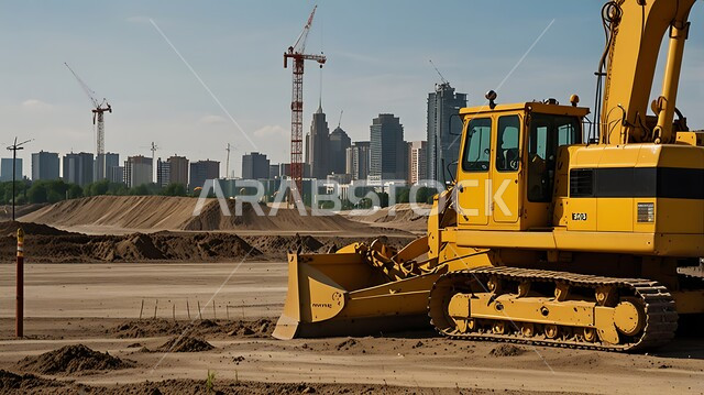 جرافة تعمل على رفع وتعبئة الرمال والحصى، مفهوم الهندسة والبناء والتطوير، مهن ووظائف هندسية في السعودية، التطور والتحديث وإعادة الإعمار للمنشآت والمباني في المملكة العربية السعودية باستخدام آلات ومعدات ثقيلة