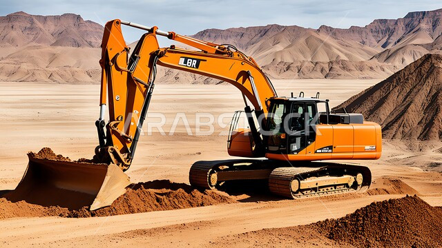 جرافة تعمل على رفع وتعبئة الرمال والحصى في الصحراء، مفهوم الهندسة والبناء والتطوير، مهن ووظائف هندسية في السعودية، معمل تكسير الحجارة والصخر في المناطق الصحراوية في النهار، قوة وتقنية عملية استخراج وتحطيم الصخور باستخدام آلات ضخمة ومعدات ثقيلة