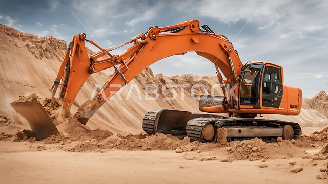 معمل تكسير الحجارة والصخر في المناطق الصحراوية في النهار، قوة وتقنية عملية استخراج وتحطيم الصخور باستخدام آلات ضخمة ومعدات ثقيلة، جرافة تعمل على رفع وتعبئة الرمال والحصى في الصحراء، مفهوم الهندسة والبناء والتطوير، مهن ووظائف هندسية في السعودية