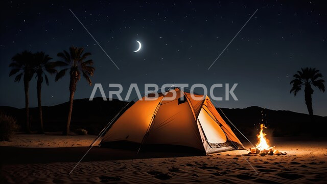  الاستمتاع بنيران الحطب المشتعلة، التخييم في صحاري المملكة العربية السعودية، خيمة بدوية شعبية وسط الصحراء في الليل، مخيمات سياحية في المناطق البرية، منظر مجرة درب التبانة والقمر المضيء في السماء، كشتة و جلسة بر شبابية