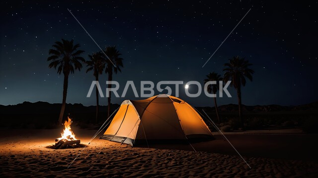  الاستمتاع بنيران الحطب المشتعلة، التخييم في صحاري المملكة العربية السعودية، خيمة بدوية شعبية وسط الصحراء في الليل، مخيمات سياحية في المناطق البرية، منظر مجرة درب التبانة والقمر المضيء في السماء، كشتة و جلسة بر شبابية