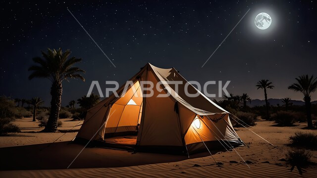  كشتة و جلسة بر شبابية، التخييم في صحاري المملكة العربية السعودية، خيمة بدوية شعبية وسط الصحراء في الليل، مخيمات سياحية في المناطق البرية، منظر مجرة درب التبانة والقمر المضيء في السماء