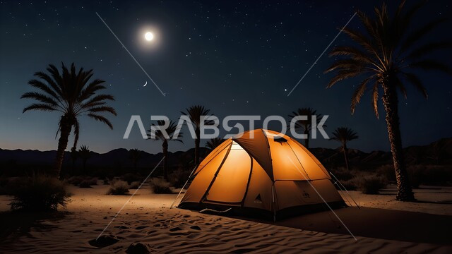  كشتة و جلسة بر شبابية، التخييم في صحاري المملكة العربية السعودية، خيمة بدوية شعبية وسط الصحراء في الليل، مخيمات سياحية في المناطق البرية، منظر مجرة درب التبانة والقمر المضيء في السماء