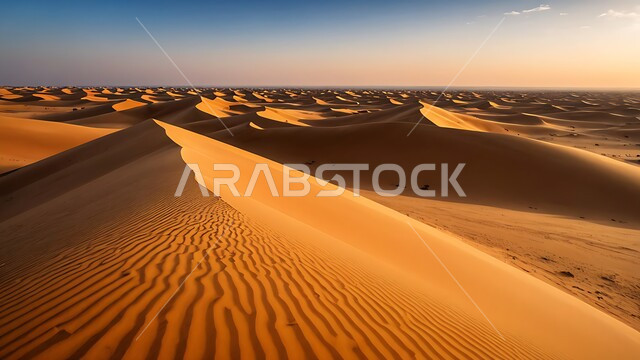 مناطق البادية والبيئة الطبيعية الصحراوية في النهار، التلال والهضاب المكونة من الرمال الناعمة، التكوينات والتشكلات الرملية في صحراء المملكة العربية السعودية، التضاريس و المرتفعات والقمم الجبلية في البراري، خلفية الطبيعة