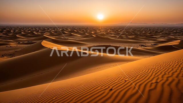 منظر غروب الشمس على التلال والهضاب من الرمال الناعمة، التكوينات والتشكلات الرملية في صحراء المملكة العربية السعودية، التضاريس و المرتفعات والقمم الجبلية في البراري، مناطق البادية والبيئة الطبيعية الصحراوية، خلفية الطبيعة