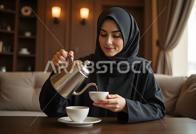 الاستمتاع في تناول المشروبات الساخنه، منتج محلي وطني سعودي، صورة مقربة لامراة عربيه خليجية سعودية مبتسمة محجبة ترتدي العباءة تقوم بصب القهوة من الدلة النحاسية، مفهوم الهدوء والراحة في المنزل