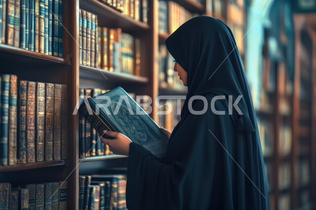 المكاتب في المملكة العربية السعودية، حب القراءة والاطلاع، صورة مقربة من الجانب لامرأة عربية خليجية سعودية ترتدي الحجاب والعباءة تمسك بيدها كتاب ما, الديكور الداخل للمكتبة والأرفف المليئة بالقصص والروايات والمجلدات الأدبية