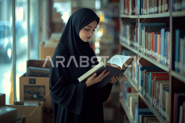شغف وحب القراءة والاطلاع، صورة مقربة من الجانب لامرأة عربية خليجية سعودية ترتدي الحجاب والعباءة تمسك بيدها كتاب ما, الديكور الداخل للمكتبة والأرفف المليئة بالقصص والروايات والمجلدات الأدبية، المكاتب في المملكة العربية السعودية