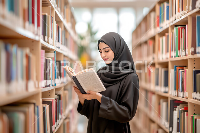 شغف وحب القراءة والاطلاع، صورة مقربة لامرأة عربية خليجية سعودية مبتسمة ترتدي الحجاب والعباءة تمسك بيدها كتاب ما, الديكور الداخل للمكتبة والأرفف المليئة بالقصص والروايات والمجلدات الأدبية، المكاتب في المملكة العربية السعودية