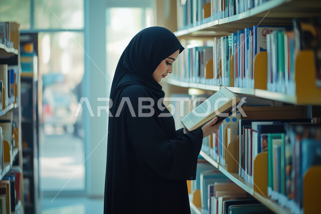 تعابير وايماءات الاندماج والتركيز، الديكور الداخل للمكتبة والأرفف المليئة بالقصص والروايات والمجلدات الأدبية، المكاتب في المملكة العربية السعودية، شغف وحب القراءة والاطلاع، فتاة عربية خليجية سعودية مبتسمة ترتدي الحجاب والعباءة تمسك بيدها كتاب ما 