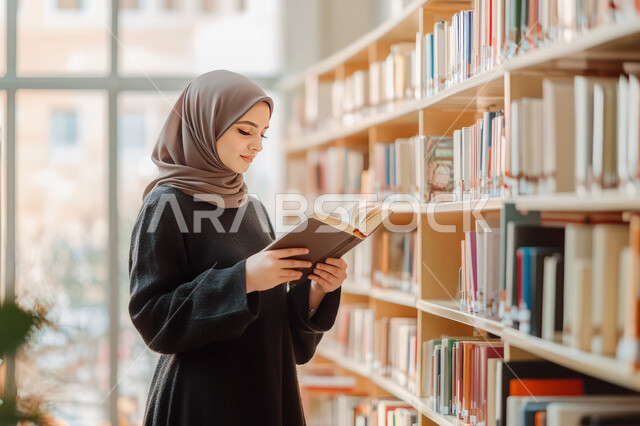 ايماءات وتعابير الاندماج والتركيز، الديكور الداخل للمكتبة والأرفف المليئة بالقصص والروايات والمجلدات الأدبية، المكاتب في المملكة العربية السعودية، شغف وحب القراءة والاطلاع، فتاة عربية خليجية سعودية مبتسمة ترتدي الحجاب والعباءة تمسك بيدها كتاب ما 