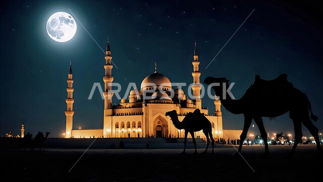  رعاية الابل في الصحاري، القمر المكتمل المضيء في السماء في الليل, الفن الهندسي المعماري لمسجد في المملكة العربية السعودية, صورة ظلية لجملان يقفان على الرمال الذهبية الناعمة في الصحراء, تربية الجمال في محمية طبيعية في المناطق الصحراوية,  سيلوليت